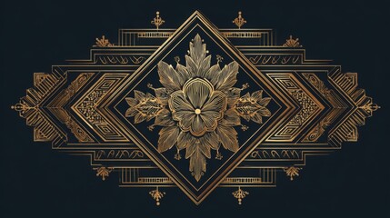 A symmetrical golden floral design on a dark background