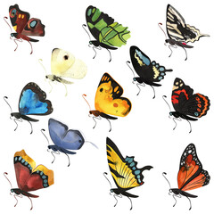 Butterfly set: swallowtailes, morning cloak, cabbage, blue morpho, peacock, malachite. A group of isolated watercolor illustrations in vintage style for a children's encyclopedia or article about