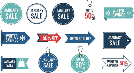 Collection of assorted vector promotional labels featuring various discounts special offers including January sale winter savings and fifty percent off tags