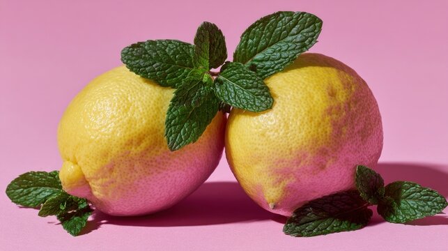 Fresh pink lemons with mint leaves