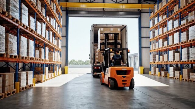A large warehouse interior showcases a forklift transporting pallets of goods into the back of an open delivery truck illustrating logistical operations