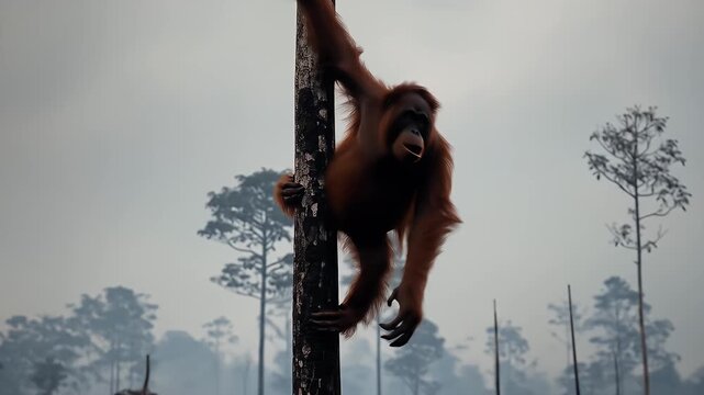 Orangutan clinging to a tree in a smoky forest environment, deforestation concept.