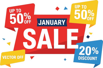 Colorful graphic design featuring bold typography advertising a massive January sale event with up to fifty percent off and twenty percent discount banners.
