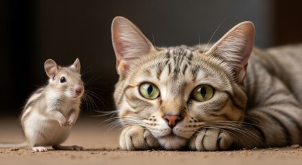 A curious tabby cat and a tiny mouse observing each other closely in dim light
