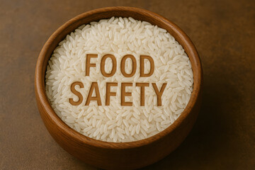 Food safety concept with white rice grains filling wooden bowl and words food safety carved into rice, emphasizing hygiene and quality control