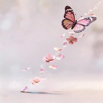 Butterfly follows a path of petals diagonally across the screen. Graceful nature animation for spring themes, freedom concepts and beauty content.
