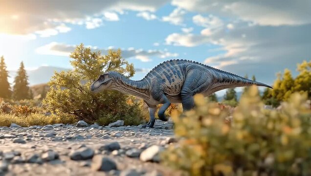 Realistic Dinosaur Roaming Through a Rocky Landscape Under a Cloudy Sky.