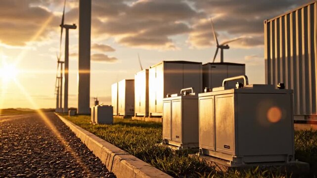 A picturesque view of a wind farm at sunset showcasing modern energy infrastructure and sustainable power generation with storage units