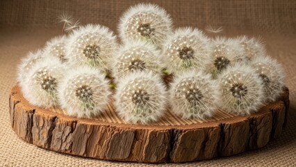 Collection of mature dandelion clocks on rustic wood, showcasing delicate seed heads and natural beauty