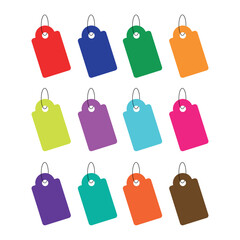 Vibrant collection of blank retail price tags and discount labels, perfect for sales, promotions, and identifying merchandise in a dynamic commercial environment