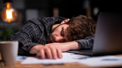 Young man sleeping on desk near laptop, experiencing exhaustion and workplace burnout