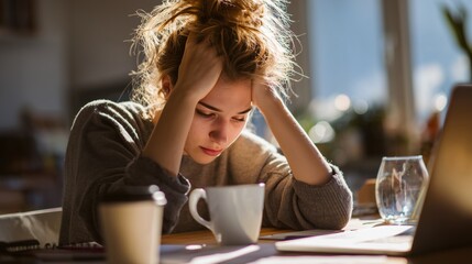 Young woman feeling tired and frustrated at home, experiencing work-related stress