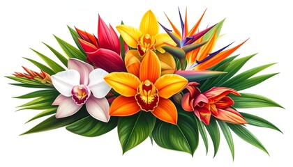 Lush, vibrant tropical floral arrangement with a variety of colorful blooms