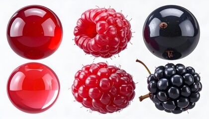 Close-up of glossy red and black berries on white background