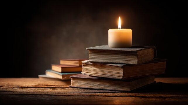 A small stack of hardcover books arranged beside a burning candle on a wooden surface framed with sharp