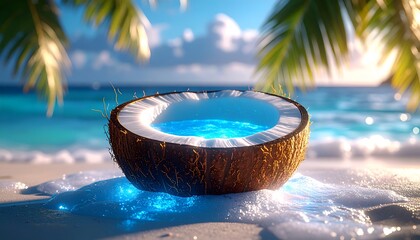 Coconut half filled with glowing blue liquid on sandy beach, palms overhead