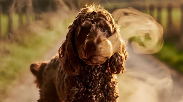 Adorable brown dog in the outdoors with a blurred background and smoke.