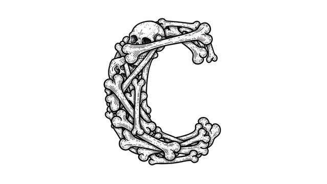 letter C made of bones sketch engraving raster illustration Bones font T-shirt apparel print design
