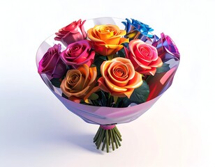 Vivid, digitally rendered bouquet of colorful roses on a bright white background