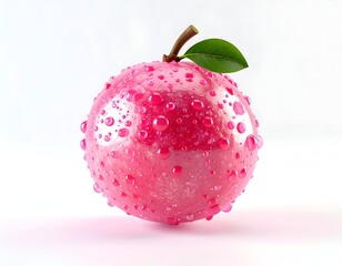 Pink orb fruit with water droplets, small leaf, against a white background
