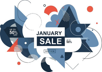 Abstract geometric design advertising a major seasonal promotion event celebrating the annual January sale with significant savings up to fifty percent off.