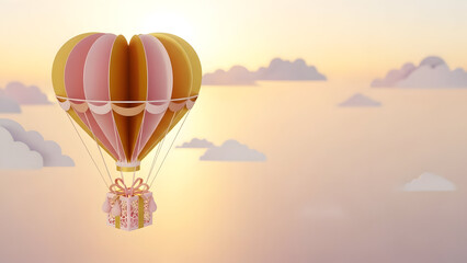 Heart shaped hot air balloon with gift basket floating in the sky at sunset