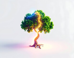 A vibrant tree struck by electric lightning against a minimalist white backdrop