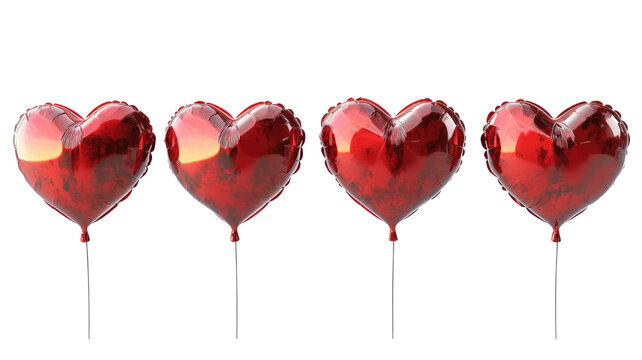 Four red heart-shaped balloons on transparent background - Powered by Adobe