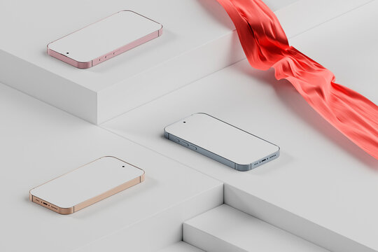 Three pastel smartphones displayed on white minimalist steps mockup
