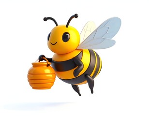 Animated, smiling bee with honey pot in flight, isolated white background