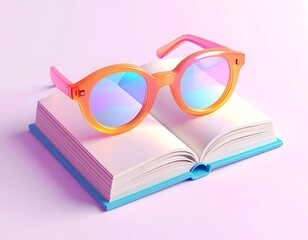 Colorful glasses rest on an open book, rendered in vibrant hues