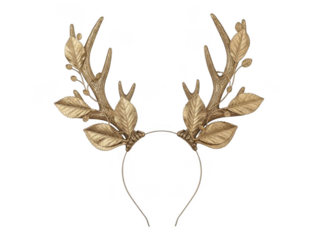 Golden antler headband with leaves isolated on transparent background
