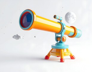 Playful rendered telescope with moon and cloud elements on white
