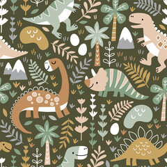Seamless vector pattern with dinosaurs, mountains and palm trees. Hand drawn cute dino design. Perfect for fabric, wallpaper, wrapping paper or nursery decor.