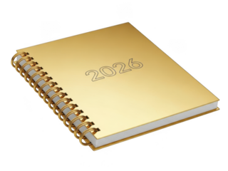 Gold spiral notebook with 2026 isolated on transparent background