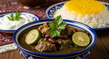 Ghormeh Sabzi Persian Stew with Rice and Yogurt.