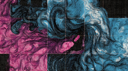 Abstract swirling patterns in shades of blue and pink, forming a vibrant and artistic composition