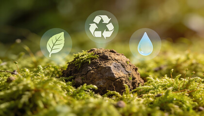 Sustainable planet earth concept with small clod of soil resting on green forest moss surrounded by glowing digital icons for recycling water conservation and plant life