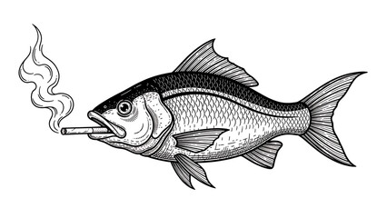 fish smokes cigarette color sketch engraving illustration T-shirt apparel print design Scratch board