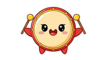 Obraz premium A cute mascot of a smiling drum with rosy cheeks and winking eyes, dressed in red and gold, holding drumsticks, against a clean white background with a joyful and playful mood.
