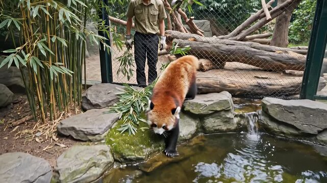 Red Panda Interacting with Zookeeper in Enclosure with Bamboo and Water.