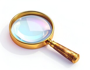 Gleaming golden magnifying glass on a white backdrop, casting a shadow