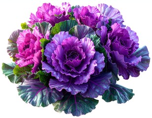 Close-up of vibrant purple-pink flowering cabbage with green leaves