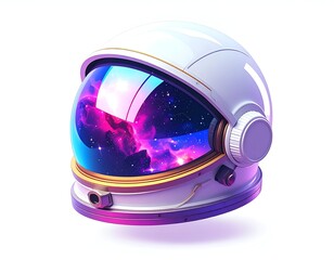 Sleek white astronaut helmet reflecting vibrant nebula and cosmos