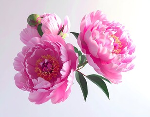 Three lush pink peony blooms with green leaves and a bud, bright light
