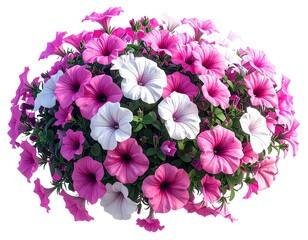 A profusion of vibrant pink and white petunias cascading downward