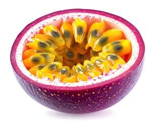Halved tropical fruit, vibrant purple shell, yellow pulp, many seeds, white bg