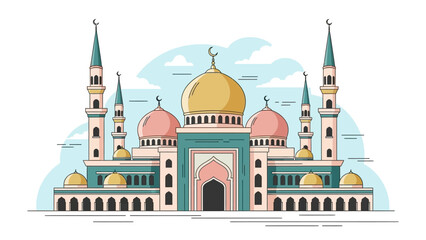 Illustration of a mosque with a large golden dome and pink domes, green minarets, and teal accents against a light blue sky with clouds, representing a place of worship during Ramadhan.