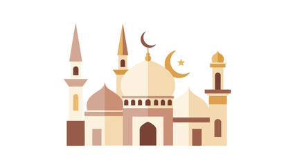An illustration of a mosque during Ramadhan with a crescent moon and minarets in warm beige and brown tones against a white background.
