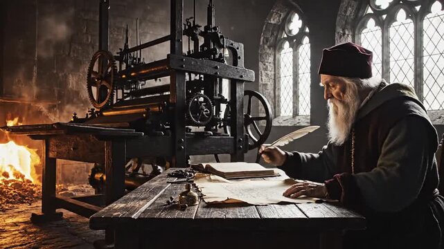 A scribe working at a wooden desk with a printing press in a medieval room with fire and natural light